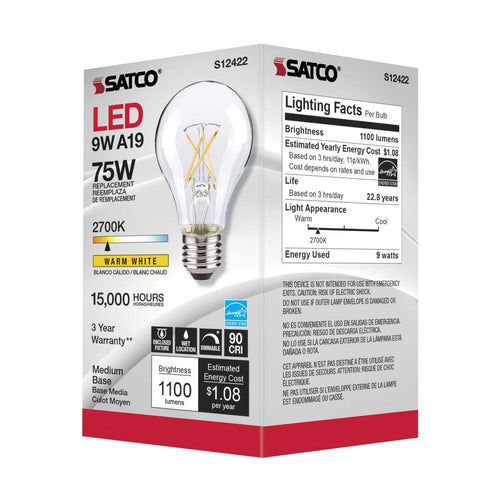 Satco S12422 10.5A19/CL/LED/E26/927/120V