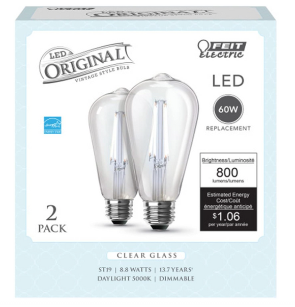 Feit Electric ST19 E26 (Medium) Filament LED Bulb Daylight 60 Watt Equivalence 2 pk