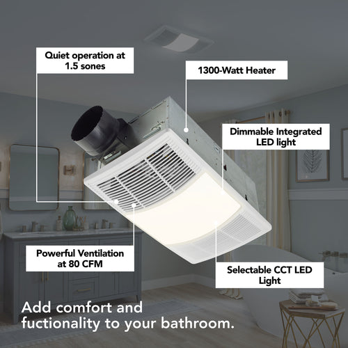 Broan® PowerHeat™ 80 CFM 1.5 Sones Heater Exhaust Fan with CCT LED Lighting