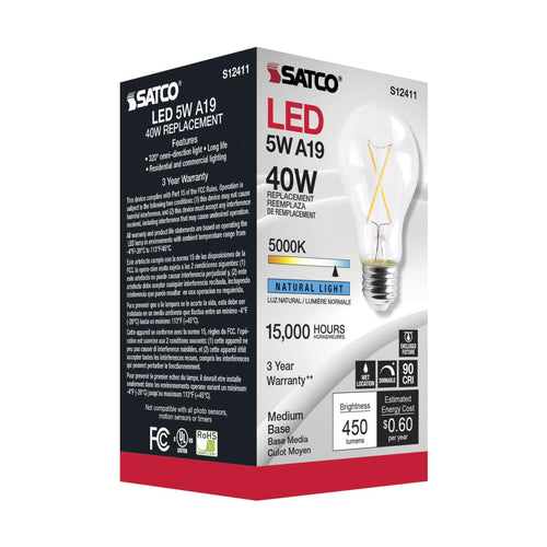 Satco S12411 5A19/CL/LED/E26/950/120V