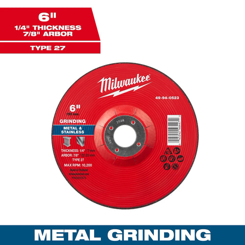 Milwaukee 6 x 1/4 x 7/8 Metal Grinding Wheel Type 27