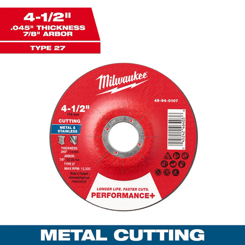 Milwaukee 4-1/2 x .045 x 7/8 Performance+ Metal Cut Off Wheel Type 27