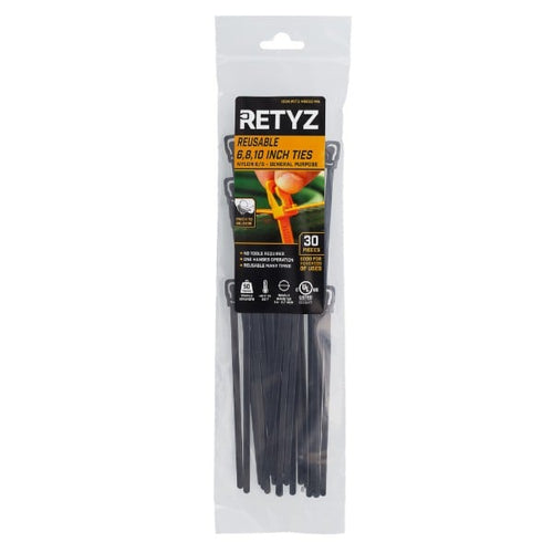 RETYZ® EveryTie™ 6, 8, 10 Reusable Cable Tie Variety Pack - 30 Pack (Black, 50 lb)
