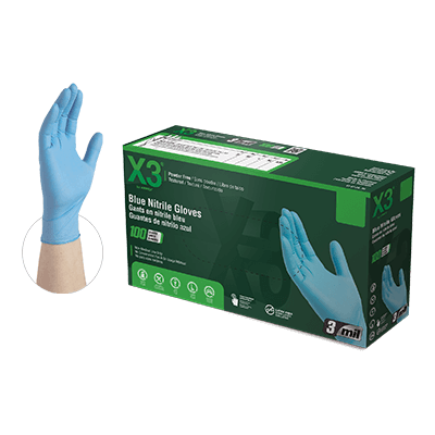 Ammex X3 Blue Nitrile PF Ind Medium Gloves